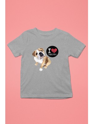 Darkhane Buldog Seviyorum - Köpek Baskılı Unisex Gri Melanj Çocuk Tişört - T-Shirt CT006