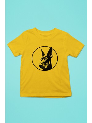 Darkhane Doberman Bakışı - Köpek Baskılı Unisex Sarı Çocuk Tişört - T-Shirt CT004