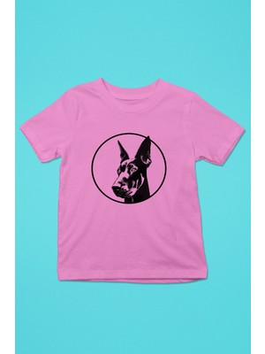 Darkhane Doberman Bakışı - Köpek Baskılı Unisex Pembe Çocuk Tişört - T-Shirt CT002