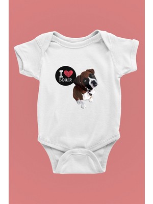 Darkhane Boxer Seviyorum - Köpek Baskılı Unisex Beyaz Bebek Body - Zıbın BB007