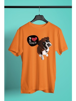 Darkhane Boxer Seviyorum - Köpek Baskılı Unisex Turuncu Tişört - T-Shirt UT005