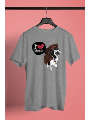 Darkhane Boxer Seviyorum - Köpek Baskılı Unisex Gri Tişört - T-Shirt UT006