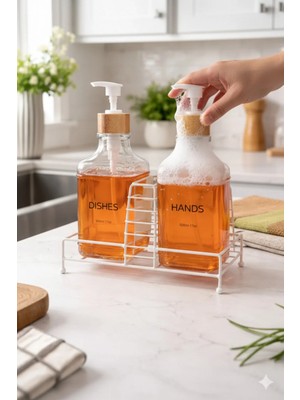 Makri Home Modern Cam Ikili Sıvı Sabunluk & Deterjanlık SETI-500 ml Cam Sabunluk, Metal Standlı