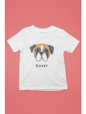 Darkhane Boxer - Köpek Baskılı Unisex Beyaz Çocuk Tişört - T-Shirt CT007
