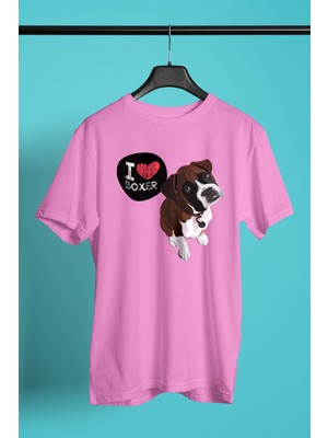 Darkhane Boxer Seviyorum - Köpek Baskılı Unisex Pembe Tişört - T-Shirt UT002