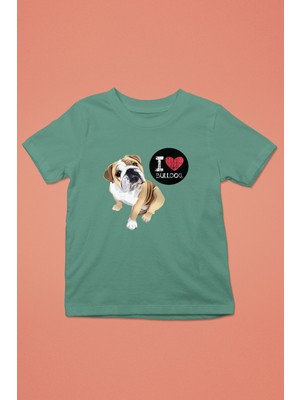 Darkhane Buldog Seviyorum - Köpek Baskılı Unisex Su Yeşili Çocuk Tişört - T-Shirt CT001