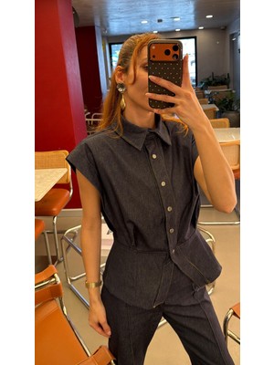 Madame Melek Premium Kadın Kot Takım Kolsuz Gömlek Palazzo Pantolon Modern Yaz Kombini