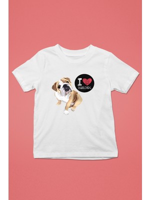 Darkhane Buldog Seviyorum - Köpek Baskılı Unisex Beyaz Çocuk Tişört - T-Shirt CT007