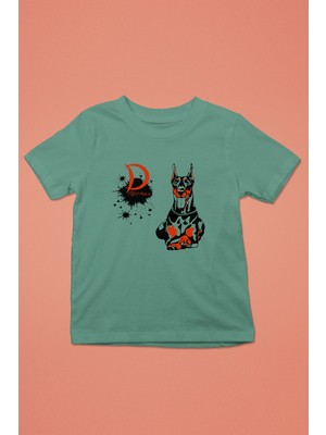 Darkhane Doberman - Köpek Baskılı Unisex Su Yeşili Çocuk Tişört - T-Shirt CT001