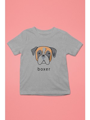 Darkhane Boxer - Köpek Baskılı Unisex Gri Melanj Çocuk Tişört - T-Shirt CT006