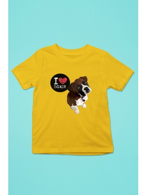 Darkhane Boxer Seviyorum - Köpek Baskılı Unisex Sarı Çocuk Tişört - T-Shirt CT004