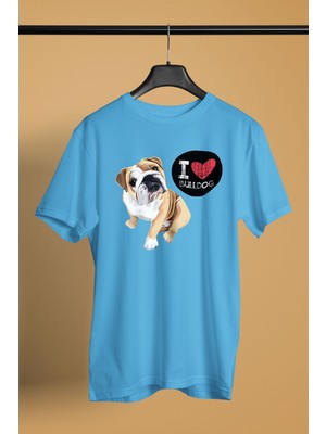 Darkhane Buldog Seviyorum - Köpek Baskılı Unisex Turkuaz Tişört - T-Shirt UT003