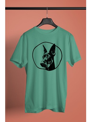 Darkhane Doberman Bakışı - Köpek Baskılı Unisex Su Yeşili Tişört - T-Shirt UT001