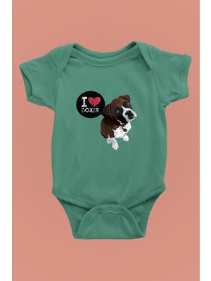 Darkhane Boxer Seviyorum - Köpek Baskılı Unisex Su Yeşili Bebek Body - Zıbın BB001