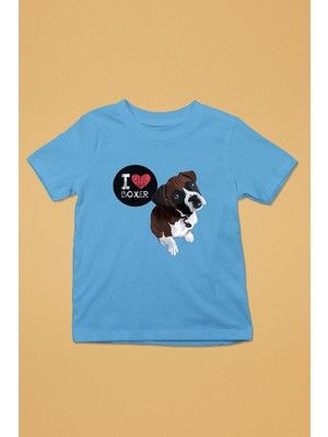 Darkhane Boxer Seviyorum - Köpek Baskılı Unisex Turkuaz Çocuk Tişört - T-Shirt CT003