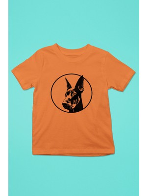 Darkhane Doberman Bakışı - Köpek Baskılı Unisex Turuncu Çocuk Tişört - T-Shirt CT005