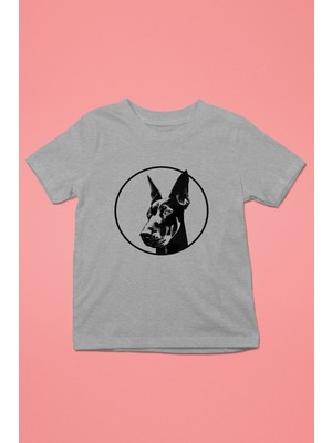 Darkhane Doberman Bakışı - Köpek Baskılı Unisex Gri Melanj Çocuk Tişört - T-Shirt CT006