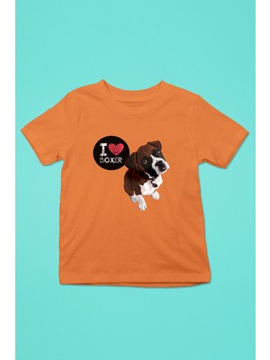 Darkhane Boxer Seviyorum - Köpek Baskılı Unisex Turuncu Çocuk Tişört - T-Shirt CT005