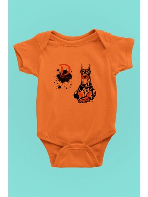Darkhane Doberman - Köpek Baskılı Unisex Turuncu Bebek Body - Zıbın BB005