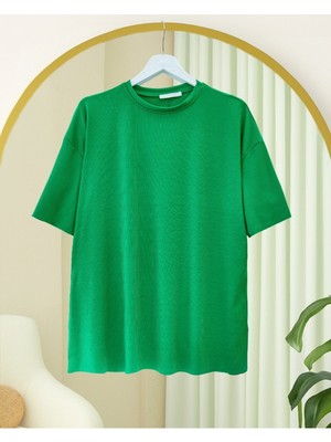 Modamorfo Bisiklet Yaka Fitilli Yırtmaçlı Tişort -Yeşil