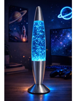 Hediye Filesi  Lav Lambası 34,5 cm – Mavi Yıldız Simli  Atmosfer Işığı, Dekoratif Gece Lambası, Konsept Lamba