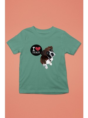 Darkhane Boxer Seviyorum - Köpek Baskılı Unisex Su Yeşili Çocuk Tişört - T-Shirt CT001