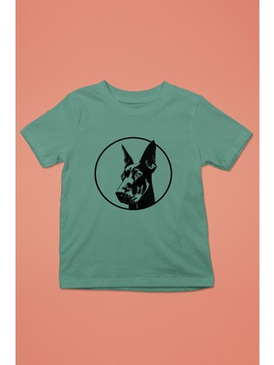 Darkhane Doberman Bakışı - Köpek Baskılı Unisex Su Yeşili Çocuk Tişört - T-Shirt CT001
