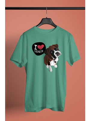 Darkhane Boxer Seviyorum - Köpek Baskılı Unisex Su Yeşili Tişört - T-Shirt UT001