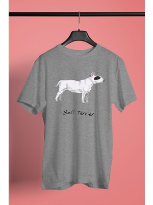 Darkhane Beyaz Bull Teriyer - Köpek Baskılı Unisex Gri Tişört - T-Shirt UT006