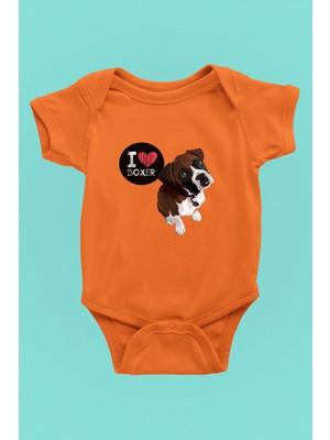 Darkhane Boxer Seviyorum - Köpek Baskılı Unisex Turuncu Bebek Body - Zıbın BB005