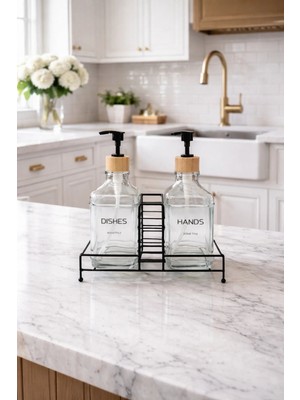 Makri Home Modern Cam Ikili Sıvı Sabunluk & Deterjanlık SETI-500 ml Cam Sabunluk, Metal Stand'lı
