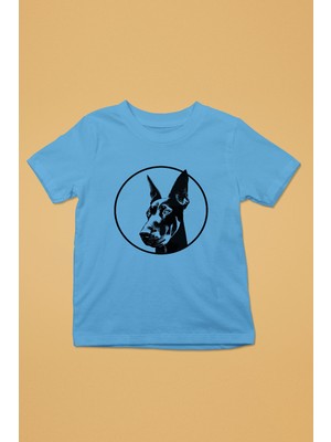 Darkhane Doberman Bakışı - Köpek Baskılı Unisex Turkuaz Çocuk Tişört - T-Shirt CT003