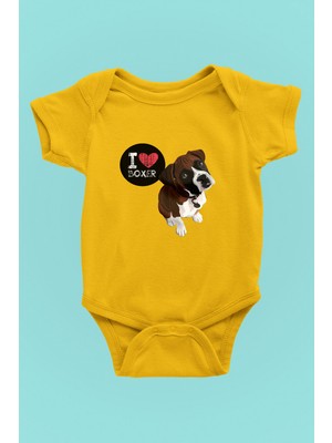 Darkhane Boxer Seviyorum - Köpek Baskılı Unisex Sarı Bebek Body - Zıbın BB004
