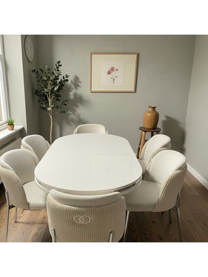 Msy Home 6 Kişilik Aura Krom Serisi Beyaz Lake Oval Yemek Masası ve Puffy Krem Sandalye Takımı Modern