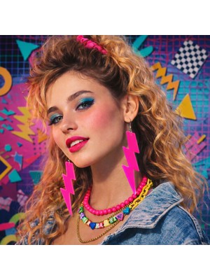 Pileli Store 80 Ler 90 Lar Retro Neon Pembe Şimşek Küpe 10 cm
