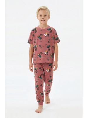 Bunny Hopp Erkek Çocuk %100 Pamuk Yazlık Sörf ve Karavan Desenli Pijama Takımı - Kısa Kollu Manşetli Kiremit