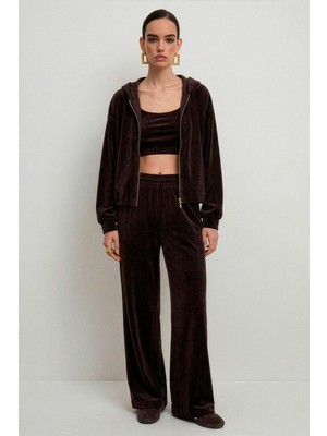 Ecenin Favorileri Acı Kahve Kadife Üçlü Kadın Sweatshirt Eşoftman Takımı