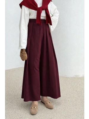 Ecenin Favorileri Pileli Mürdüm Pamuklu Geniş Paça Kadın Pantolon