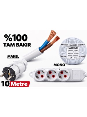2x2.5 Hasçelik+Makel Fiş+Mono 3lü Priz El Yapımı 10 Metre Hazır