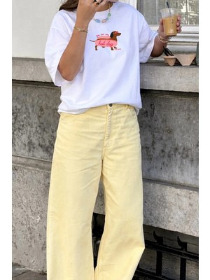 Monila Kadın Premium Kumaş Köpek Baskılı Pamuklu Oversize T-Shirt