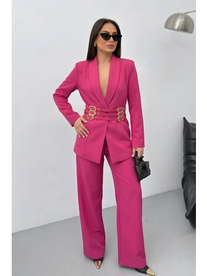 Spirituel Kadın Siyah Ikili Takım Şık Gold Kemerli Vatkalı Blazer Ceket Bol Paça Pantolon Takım