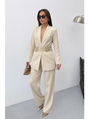 Spirituel Kadın Siyah Ikili Takım Şık Gold Kemerli Vatkalı Blazer Ceket Bol Paça Pantolon Takım