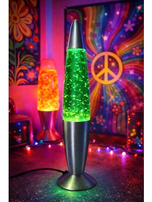 Hediye Filesi  Lav Lambası 34,5 cm – Yeşil Yıldız Simli  Atmosfer Işığı, Dekoratif Gece Lambası, Konsept Lamba