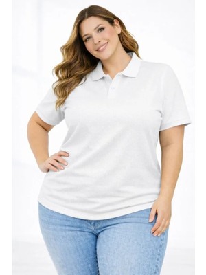 Infivento Pike Kumaş Düğmeli Yaka Battal Büyük Beden Günlük Kısa Kol Tişört T-Shirt - Beyaz