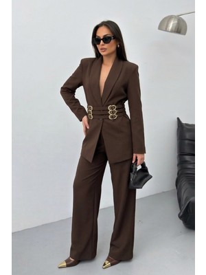 Spirituel Kadın Siyah Ikili Takım Şık Gold Kemerli Vatkalı Blazer Ceket Bol Paça Pantolon Takım