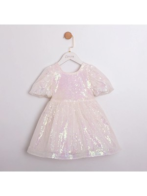 Cumino Kız Çocuk Pullu Astarlı Balon Kol Parti Elbisesi