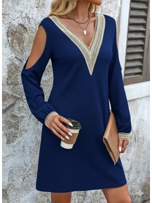 Sidelya Concept Kadın Uzun Kollu Omuzdan Açık V Dantel Yakalı Mini Waffle Elbise