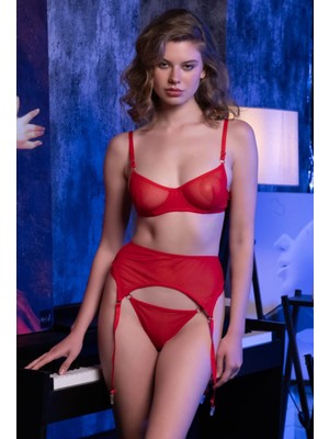 Feenia Reddy Kırmızı Tül Balenli 3lü Jartiyer Takımı