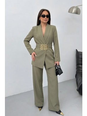 Spirituel Kadın Siyah Ikili Takım Şık Gold Kemerli Vatkalı Blazer Ceket Bol Paça Pantolon Takım