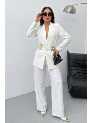 Spirituel Kadın Siyah Ikili Takım Şık Gold Kemerli Vatkalı Blazer Ceket Bol Paça Pantolon Takım